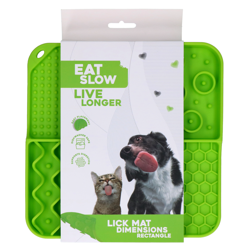 Tapete para lamber Eat Slow Live Longer (Coma devagar viva mais) Dimensões: Retângulo
