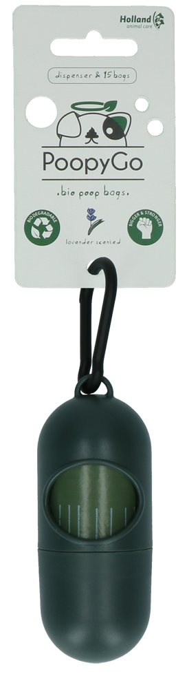 Dispensador PoopyGo com 15 sachês perfumados de lavanda inclusos